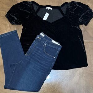 LOFT high rise Jeans Size 32 & Black Velvet Sweetheart Neckline Top Size Large